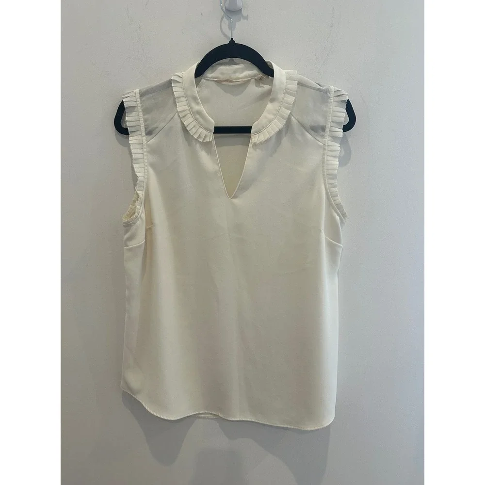 Soft Surroundings Ivory Ruffle V-Neck Sleeveless Blouse Mesh cream L